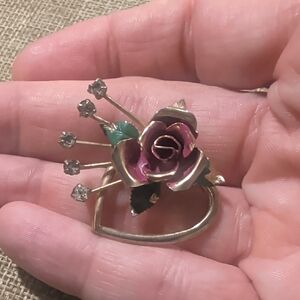 Vintage Mid Century Romantic Open Heart Pink Rose Enamel Pin Brooch